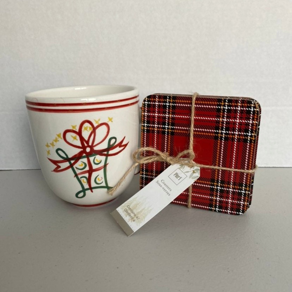 Cute Pier One Christmas Cup & Coasters Combo.